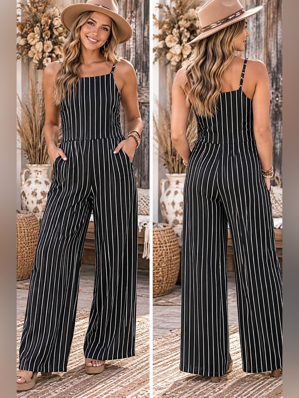 Moa Moa Black & White Vertical-Stripe Wide-Leg Jumpsuit